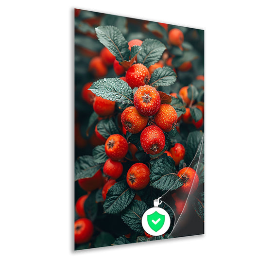 Rode bessen met dauwdruppels aan tak poster