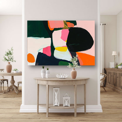 Kleurrijk abstract schilderij met dynamische vormen canvas met baklijst