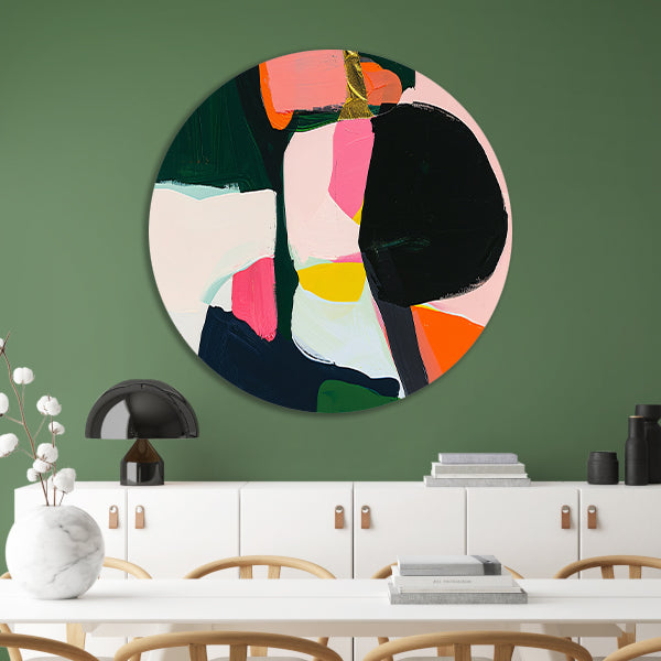 Kleurrijk abstract schilderij met dynamische vormen forex muurcirkel