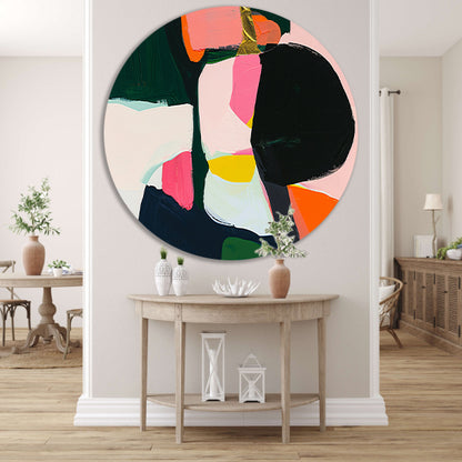 Kleurrijk abstract schilderij met dynamische vormen aluminium muurcirkel