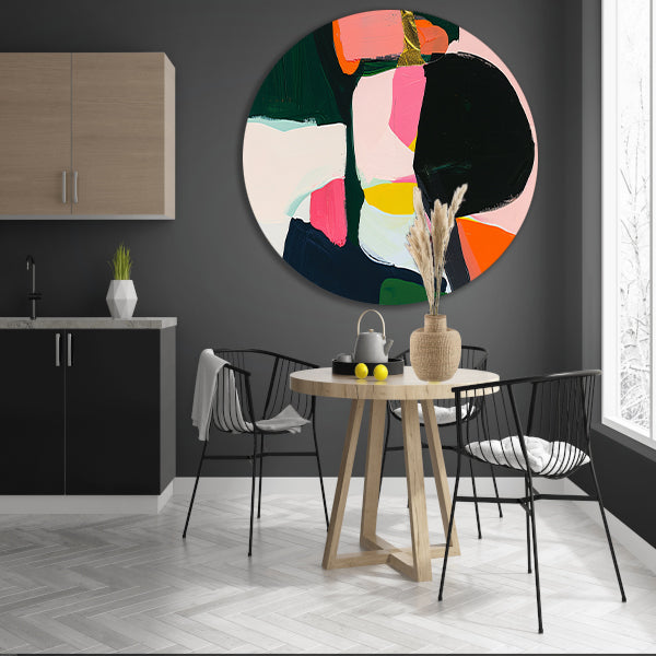 Kleurrijk abstract schilderij met dynamische vormen aluminium muurcirkel