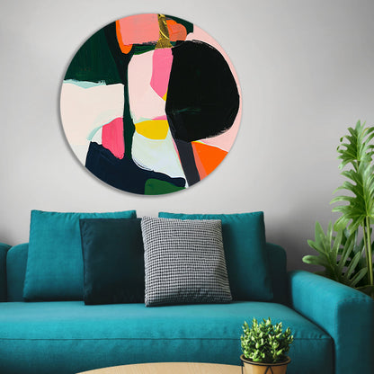 Kleurrijk abstract schilderij met dynamische vormen aluminium muurcirkel