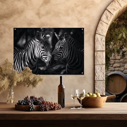Twee zebras in zwart-wit bosfoto tuinposter