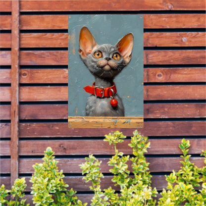 Schattige grijze kat met rode halsband tuinposter