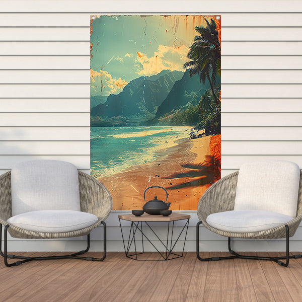 Vintage Strandtafereel met Palmbomen tuinposter