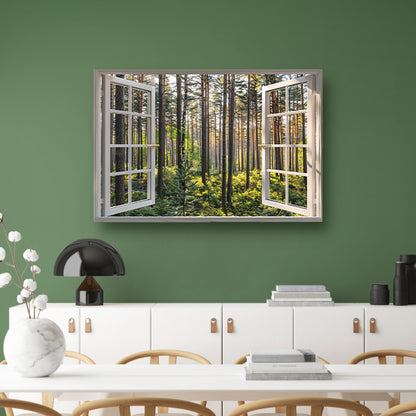 Open raam met uitzicht op een zonovergoten bos poster