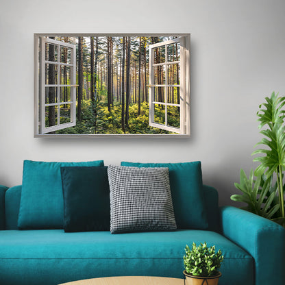 Open raam met uitzicht op een zonovergoten bos poster