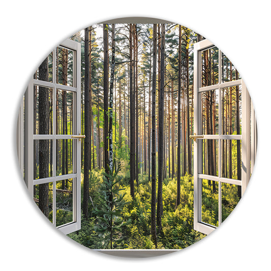 Open raam met uitzicht op een zonovergoten bos aluminium muurcirkel