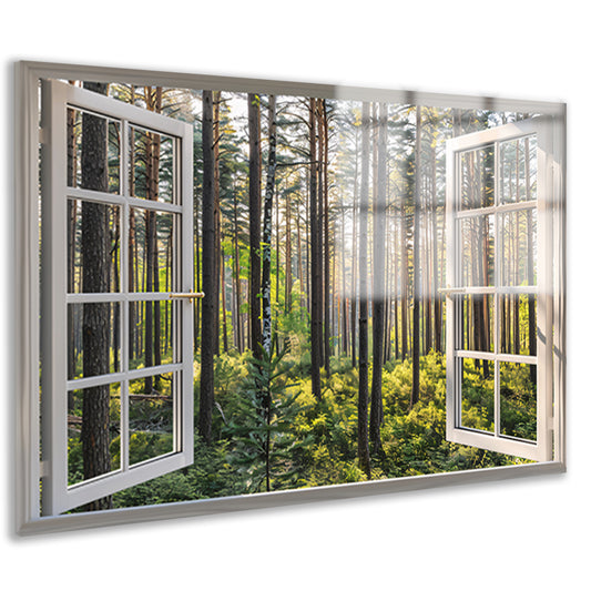 Open raam met uitzicht op een zonovergoten bos acrylglas
