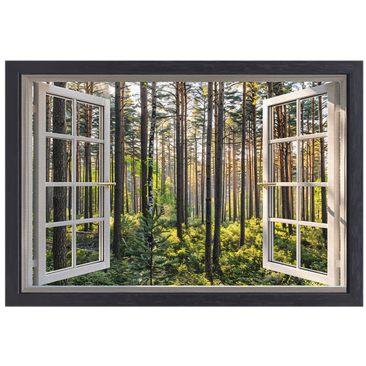 Open raam met uitzicht op een zonovergoten bos canvas met baklijst
