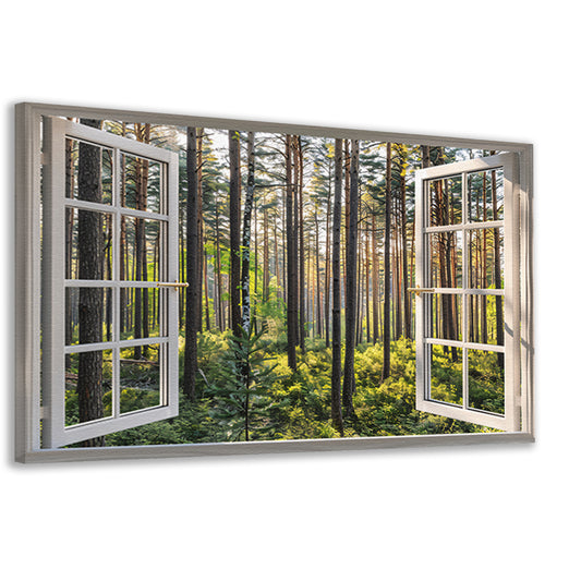 Open raam met uitzicht op een zonovergoten bos canvas