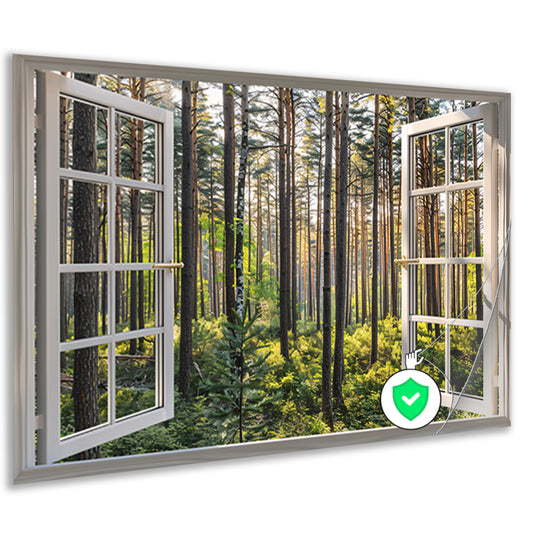 Open raam met uitzicht op een zonovergoten bos poster