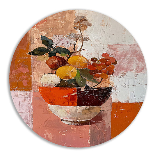 Abstract stilleven met fruit en bloemen aluminium muurcirkel