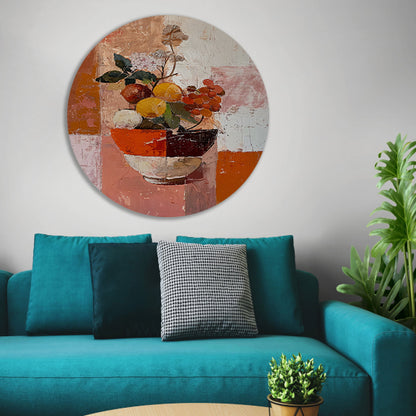 Abstract stilleven met fruit en bloemen aluminium muurcirkel