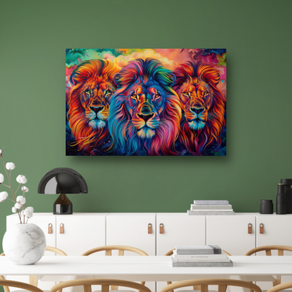 Koninklijke Trots: Drie Leeuwen in de Savanne canvas met baklijst