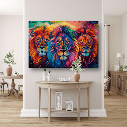 Koninklijke Trots: Drie Leeuwen in de Savanne canvas met baklijst