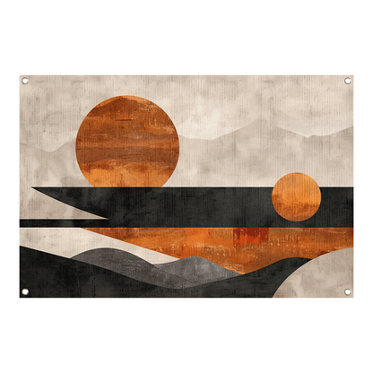 Minimalistische abstracte zonsondergang met kleurcontrast tuinposter