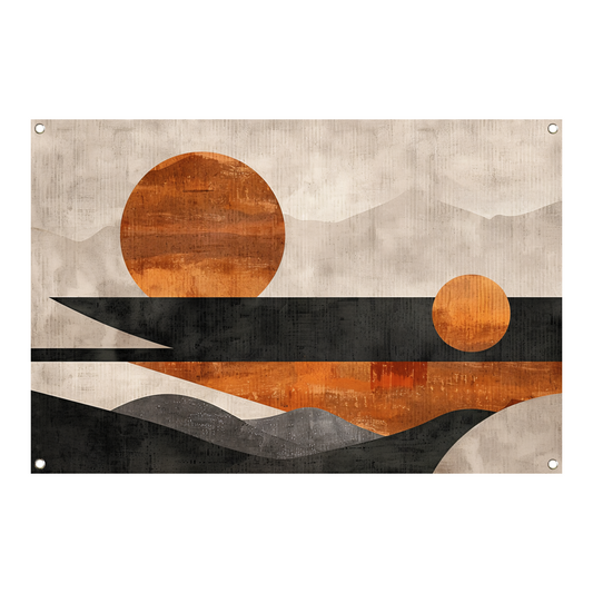 Minimalistische abstracte zonsondergang met kleurcontrast tuinposter