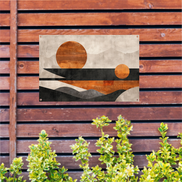 Minimalistische abstracte zonsondergang met kleurcontrast tuinposter