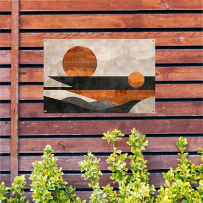 Minimalistische abstracte zonsondergang met kleurcontrast tuinposter