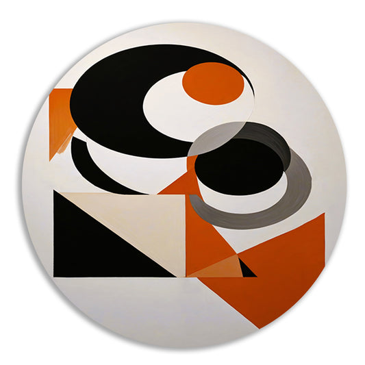 Contrastrijke Abstractie in Oranje, Zwart en Grijs aluminium muurcirkel
