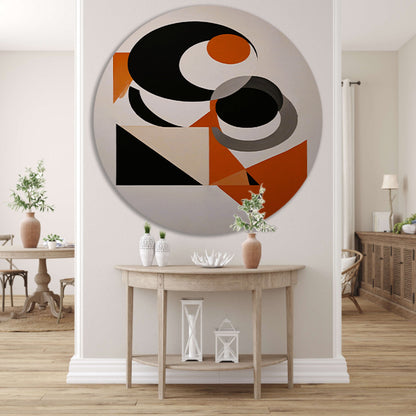 Contrastrijke Abstractie in Oranje, Zwart en Grijs aluminium muurcirkel
