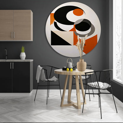 Contrastrijke Abstractie in Oranje, Zwart en Grijs aluminium muurcirkel