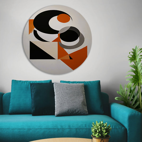 Contrastrijke Abstractie in Oranje, Zwart en Grijs aluminium muurcirkel
