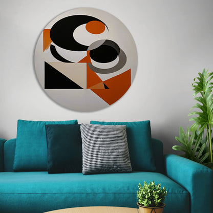 Contrastrijke Abstractie in Oranje, Zwart en Grijs aluminium muurcirkel