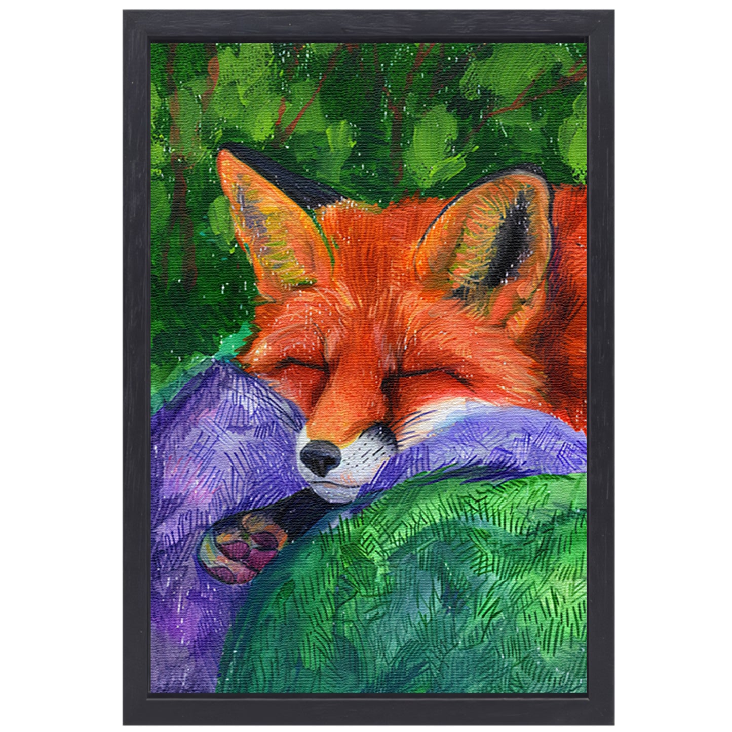 Slapende vos in kleurrijk bos schilderij canvas met baklijst