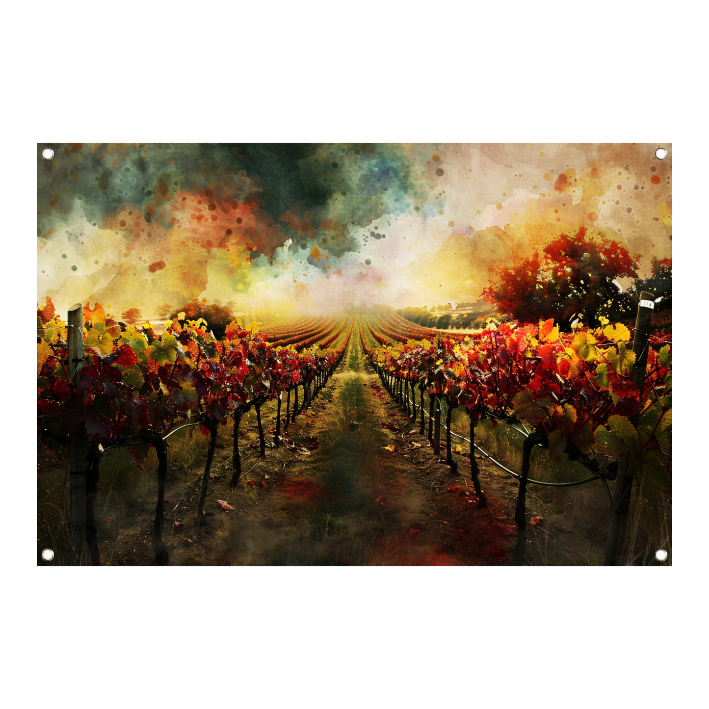 Herfstzonsondergang in levendige wijngaard tuinposter