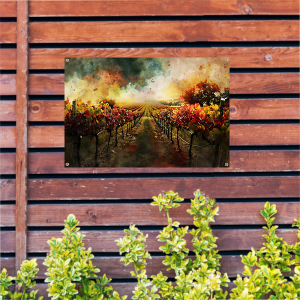 Herfstzonsondergang in levendige wijngaard tuinposter