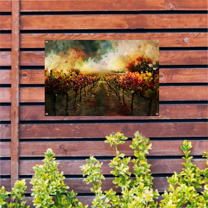 Herfstzonsondergang in levendige wijngaard tuinposter