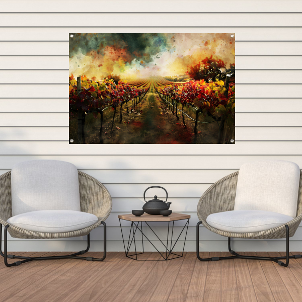 Herfstzonsondergang in levendige wijngaard tuinposter