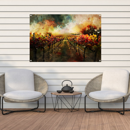 Herfstzonsondergang in levendige wijngaard tuinposter