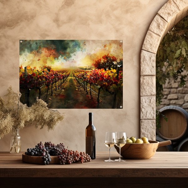 Herfstzonsondergang in levendige wijngaard tuinposter