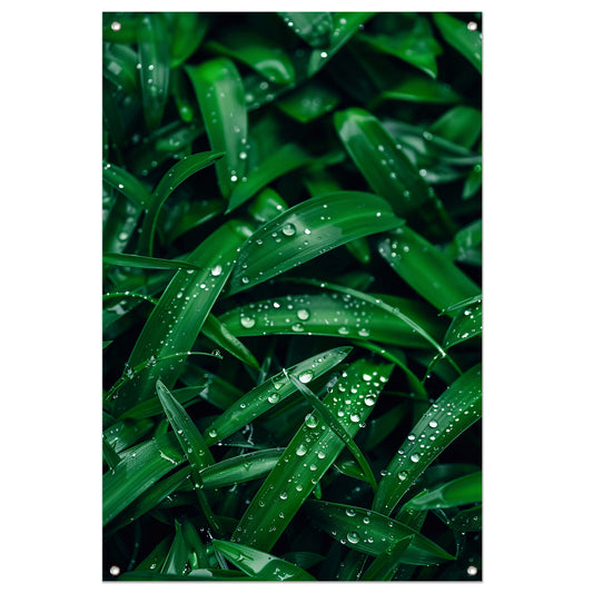 Close-up van dauwdruppels op groene bladeren tuinposter