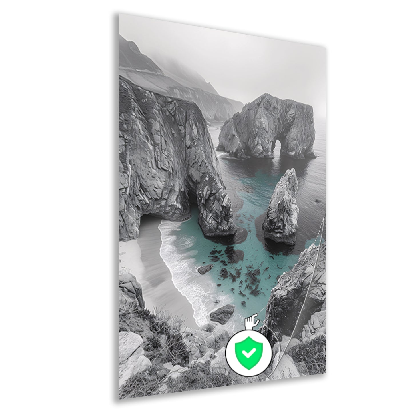 Monochrome kustlijn met rotsformaties poster