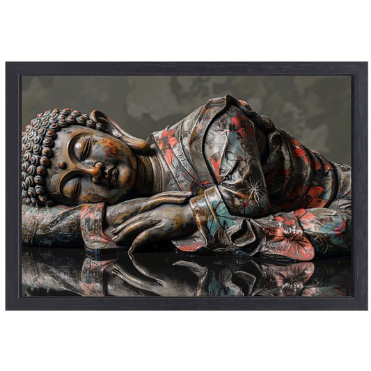 Reflecterende Boeddha in herfstkleurenpracht canvas met baklijst