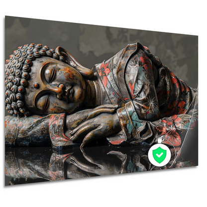 Reflecterende Boeddha in herfstkleurenpracht poster