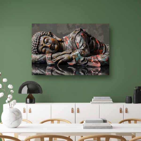 Reflecterende Boeddha in herfstkleurenpracht poster