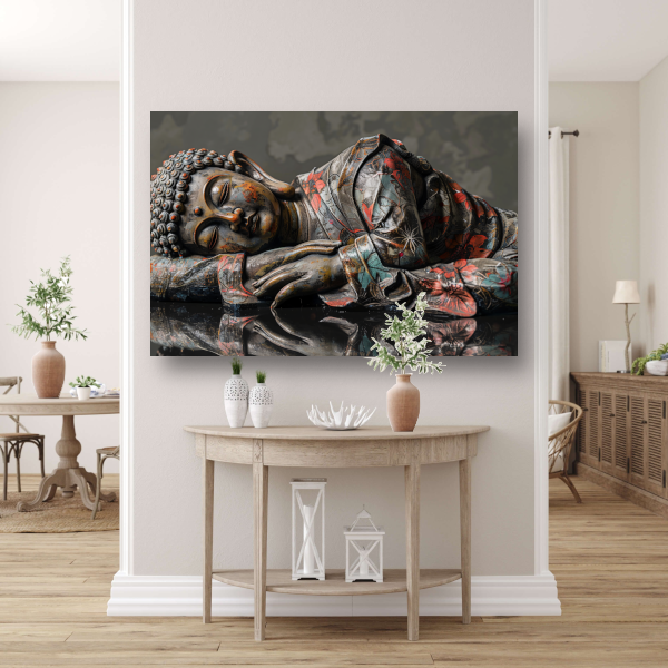 Reflecterende Boeddha in herfstkleurenpracht canvas met baklijst
