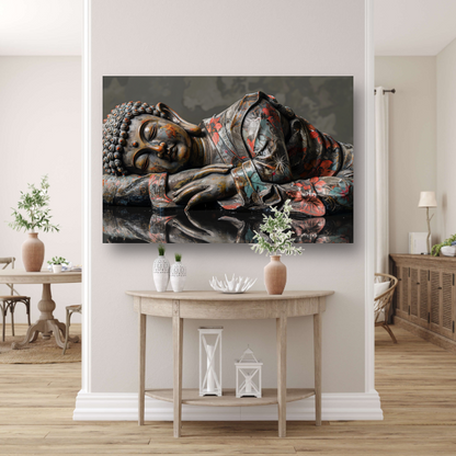 Reflecterende Boeddha in herfstkleurenpracht canvas met baklijst