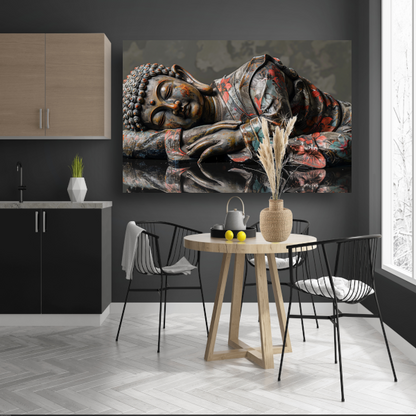 Reflecterende Boeddha in herfstkleurenpracht poster