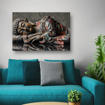 Reflecterende Boeddha in herfstkleurenpracht canvas met baklijst