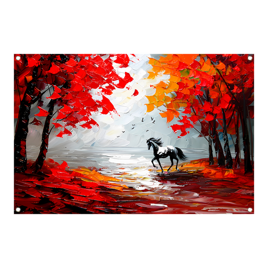 Galopperend paard in kleurrijk herfstbos tuinposter