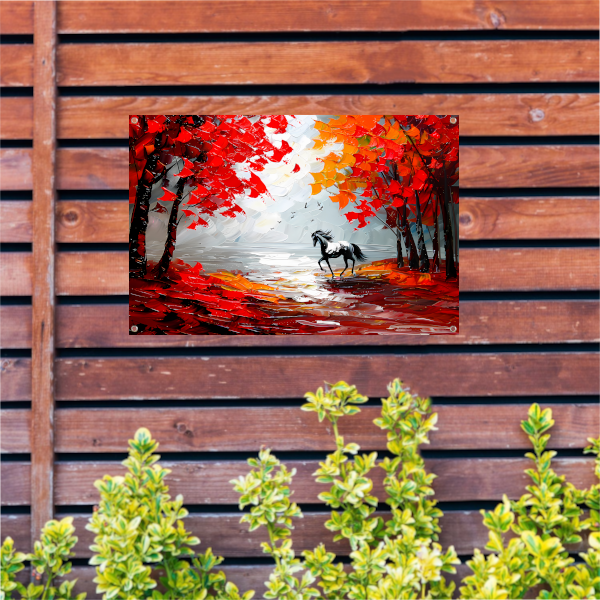 Galopperend paard in kleurrijk herfstbos tuinposter
