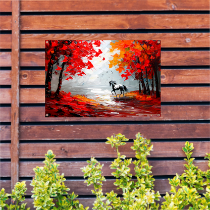 Galopperend paard in kleurrijk herfstbos tuinposter