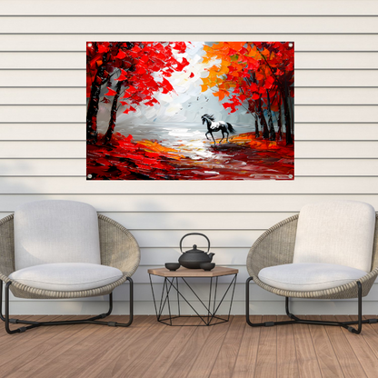 Galopperend paard in kleurrijk herfstbos tuinposter