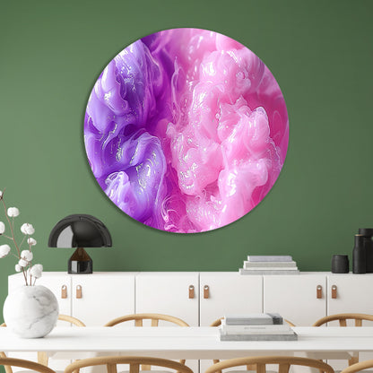 Abstracte schilderij met paarse en roze tinten aluminium muurcirkel